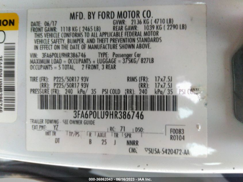 2017 FORD FUSION HYBRID SE - 3FA6P0LU9HR386746