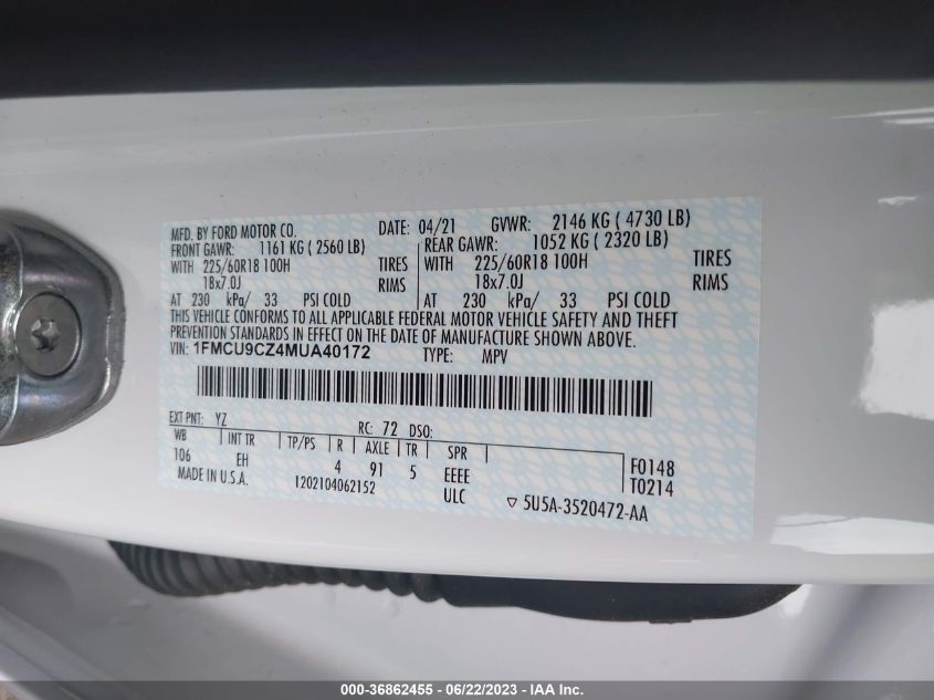 2021 FORD ESCAPE SEL HYBRID - 1FMCU9CZ4MUA40172