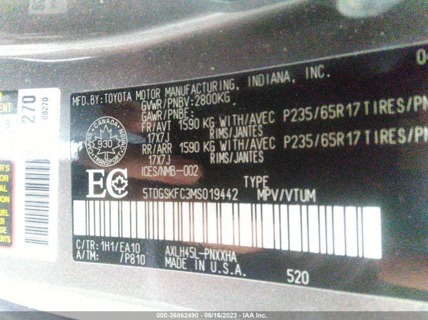 2021 TOYOTA SIENNA XLE/LIMITED/LE/PLATINUM - 5TDGSKFC3MS019442