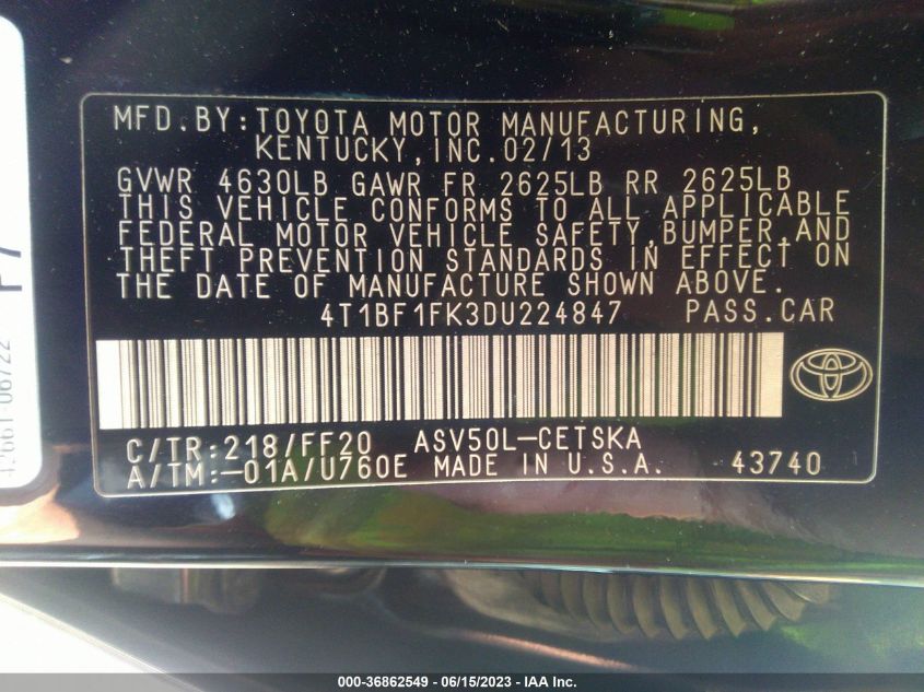 2013 TOYOTA CAMRY L/SE/LE/XLE - 4T1BF1FK3DU224847