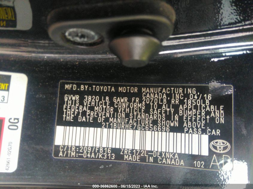 2016 TOYOTA COROLLA L/LE/LE PLS/PRM/S/S PLS - 2T1BURHE7GL656696