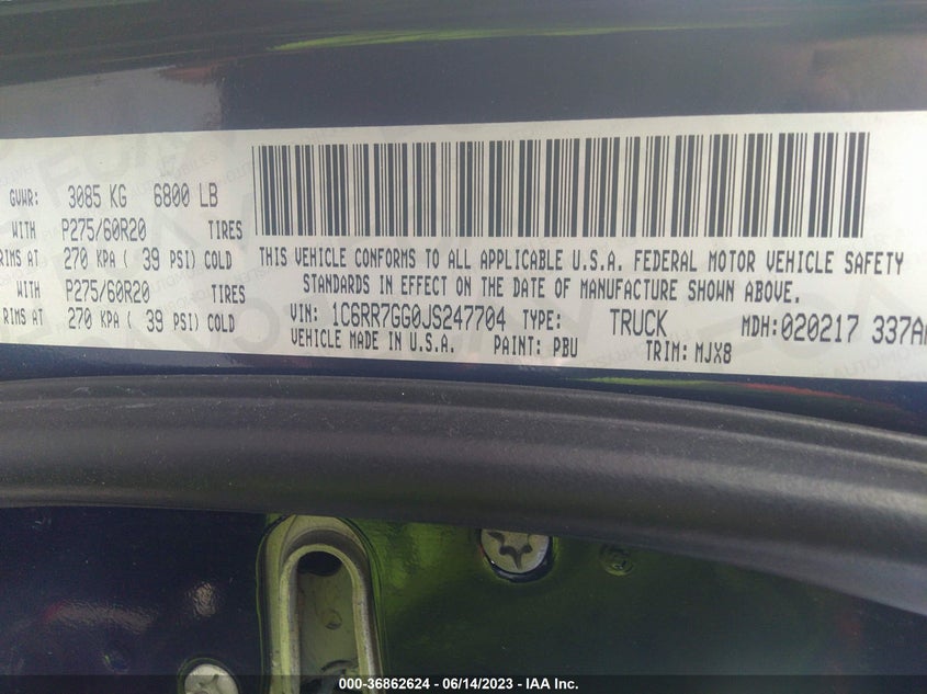 VIN 1C6RR7GG0JS247704 2018 RAM 1500 BIG HORN