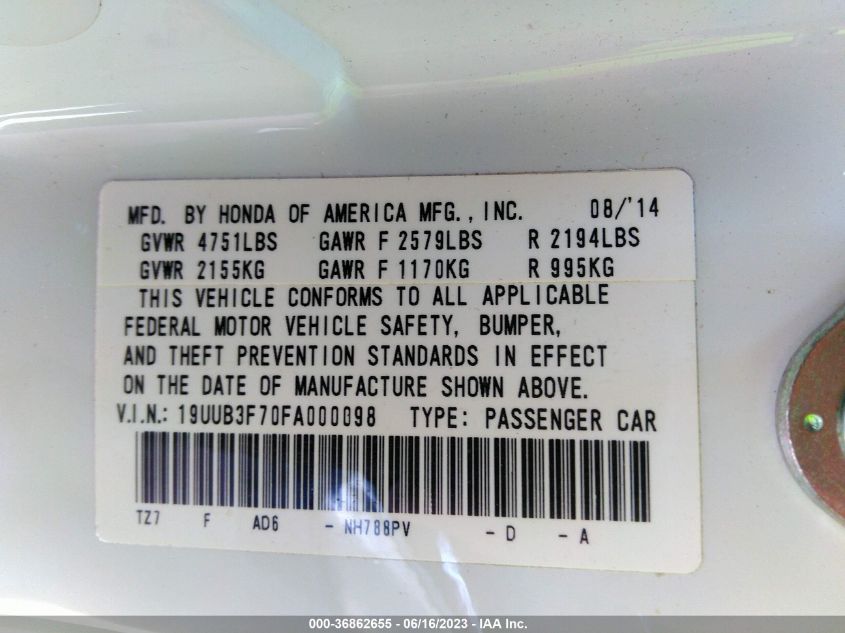 2015 ACURA TLX V6 ADVANCE - 19UUB3F70FA000098