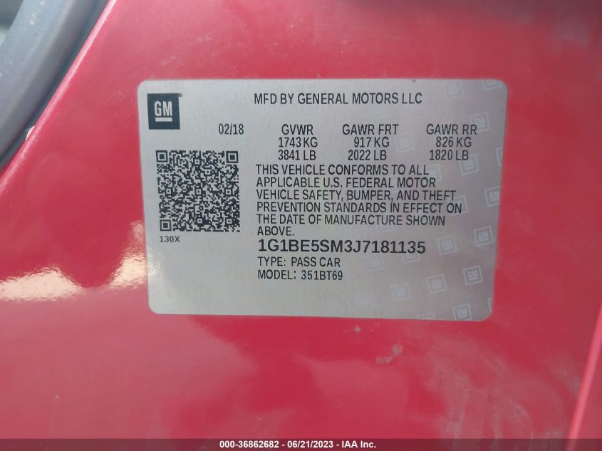 2018 CHEVROLET CRUZE LT - 1G1BE5SM3J7181135
