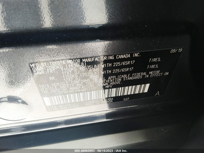 VIN 2T3H1RFV9KW053107 2019 TOYOTA RAV4 LE