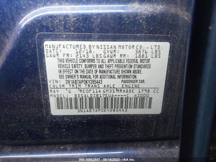 2019 NISSAN SENTRA SV - 3N1AB7AP0KY285443