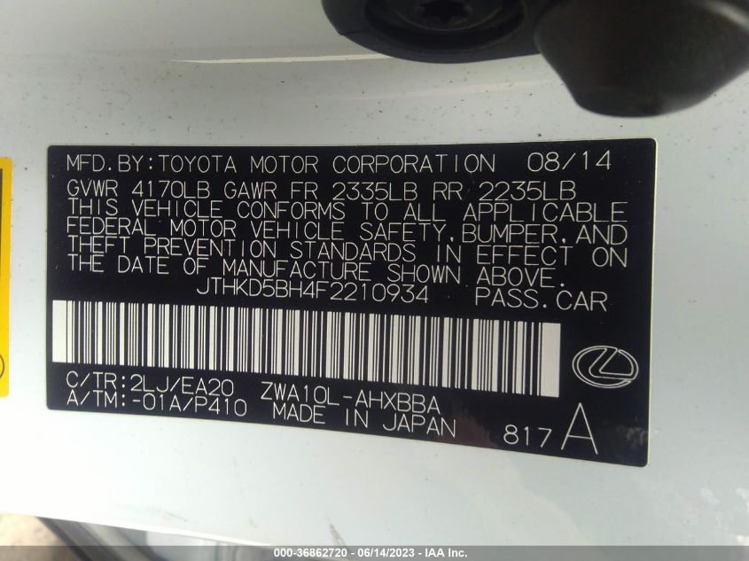 2015 LEXUS CT 200H HYBRID - JTHKD5BH4F2210934