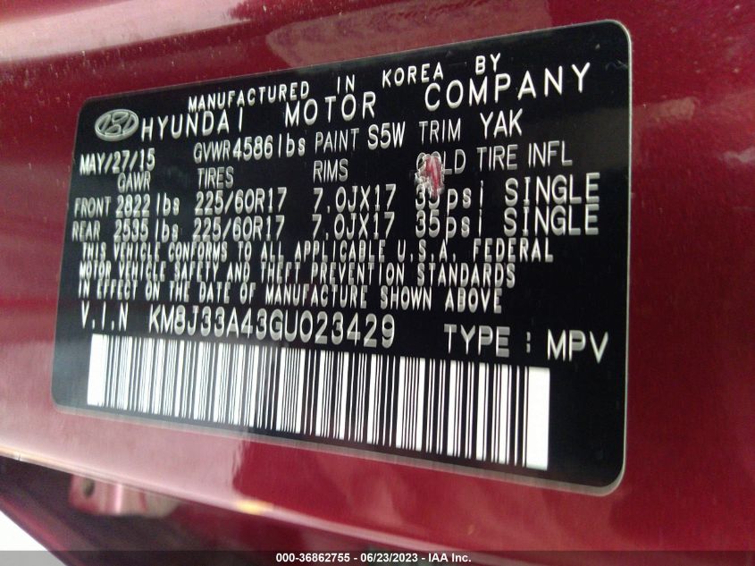 2016 HYUNDAI TUCSON SE - KM8J33A43GU023429