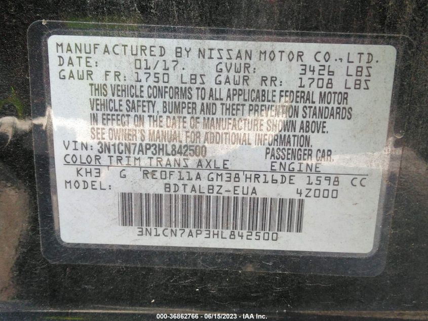 2017 NISSAN VERSA SEDAN SV - 3N1CN7AP3HL842500