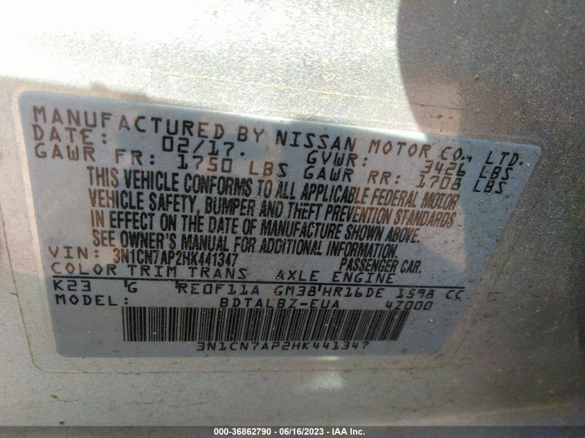 2017 NISSAN VERSA SEDAN SV - 3N1CN7AP2HK441347