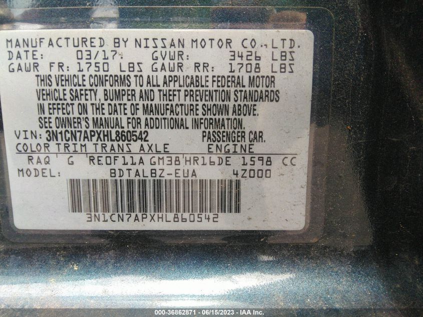 2017 NISSAN VERSA SEDAN SV - 3N1CN7APXHL860542