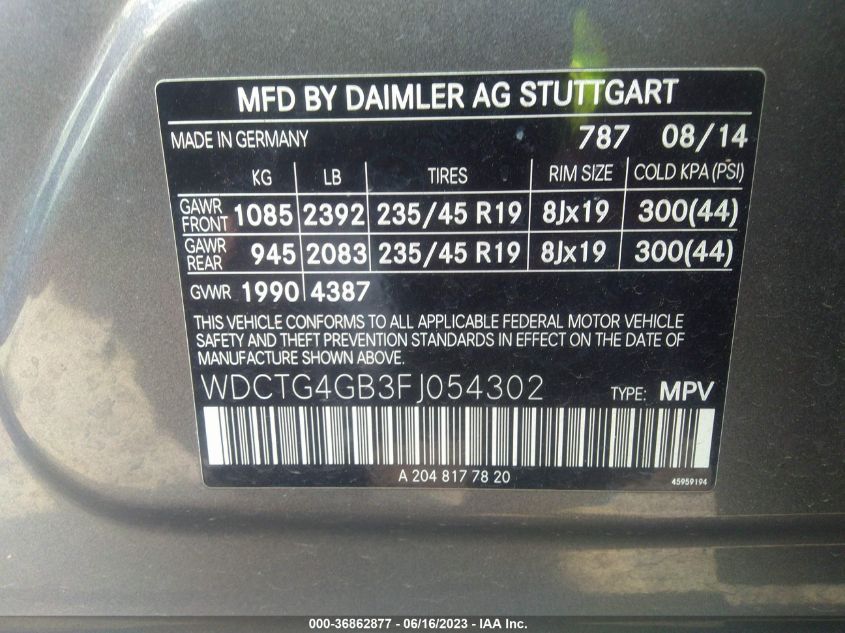 2015 MERCEDES-BENZ GLA-CLASS GLA 250 WDCTG4GB3FJ054302