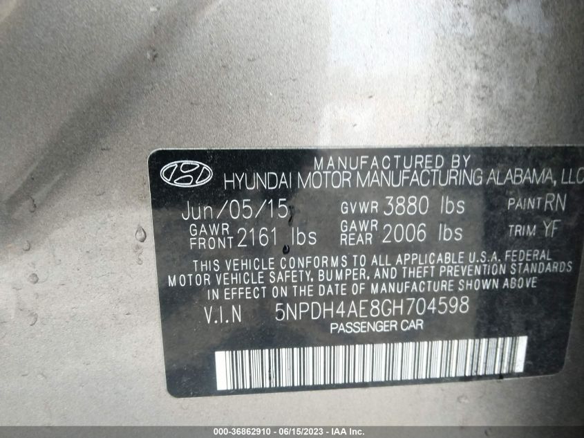 2016 HYUNDAI ELANTRA SE - 5NPDH4AE8GH704598