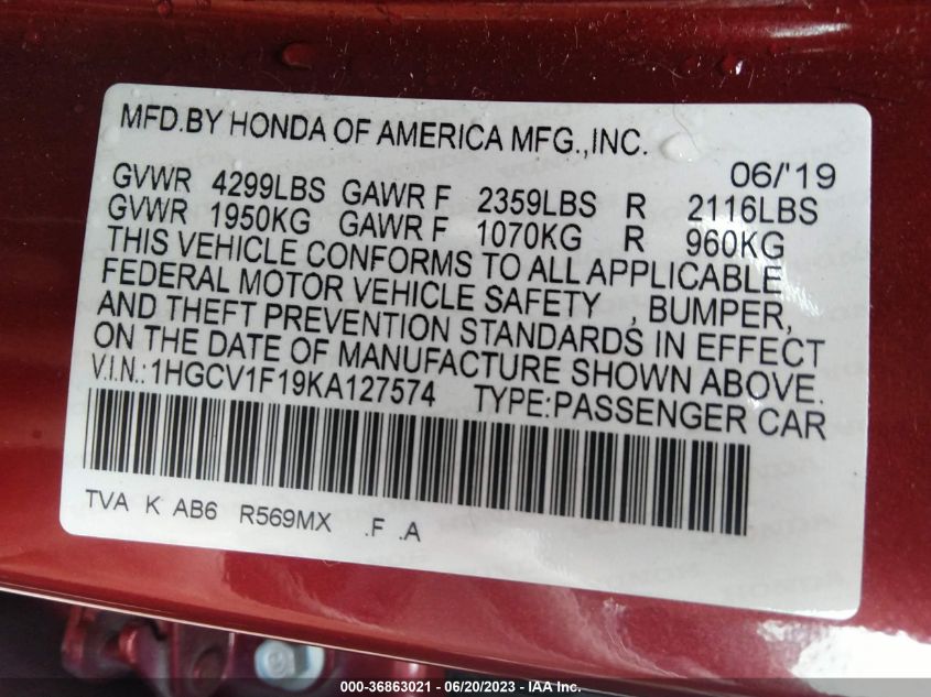 2019 HONDA ACCORD SEDAN LX 1.5T - 1HGCV1F19KA127574