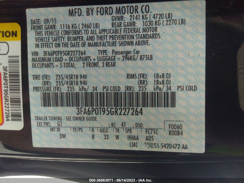 2016 FORD FUSION SE - 3FA6P0T95GR227264