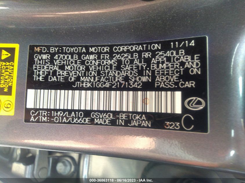 2015 LEXUS ES 350 - JTHBK1GG4F2171342