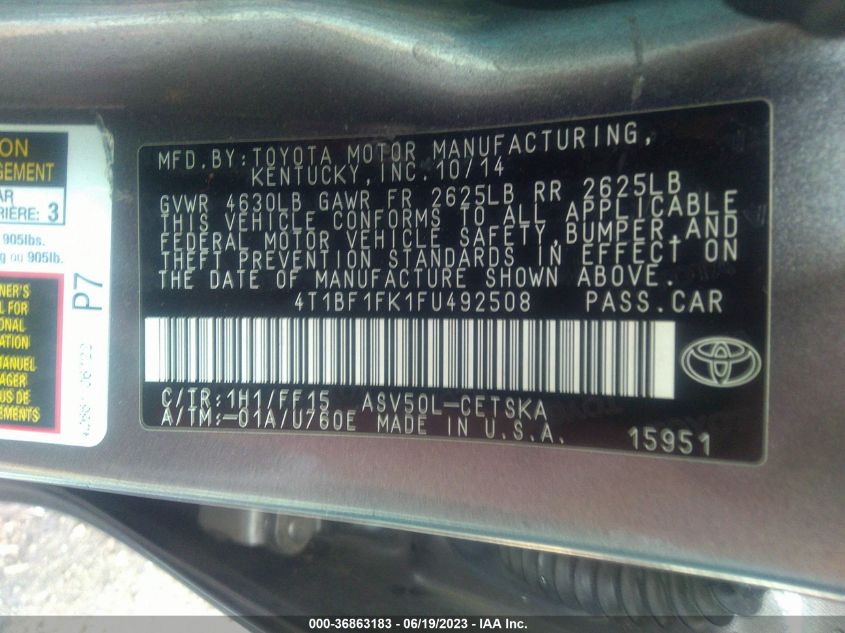 2015 TOYOTA CAMRY XLE/SE/LE/XSE - 4T1BF1FK1FU492508