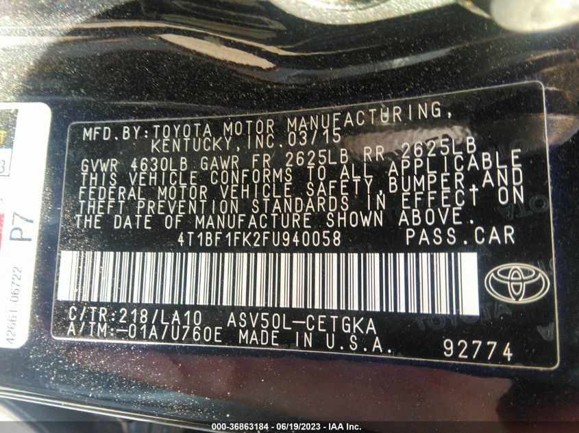 2015 TOYOTA CAMRY XLE/SE/LE/XSE - 4T1BF1FK2FU940058