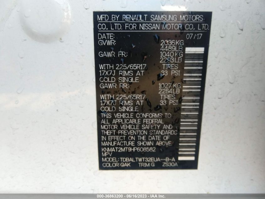 2017 NISSAN ROGUE SV - KNMAT2MT9HP608582
