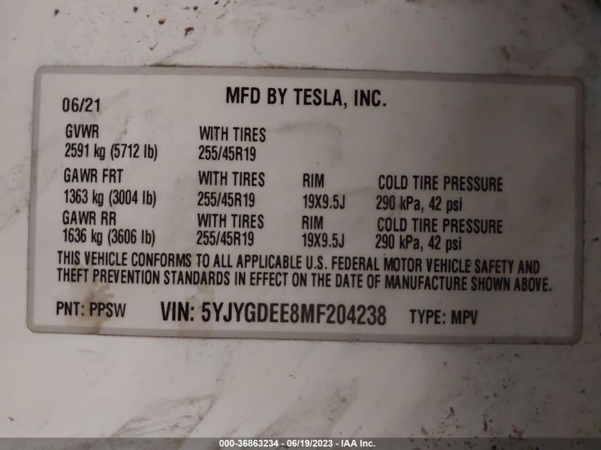 2021 TESLA MODEL Y LONG RANGE - 5YJYGDEE8MF204238