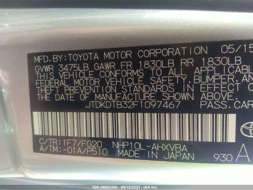 2015 TOYOTA PRIUS C ONE/TWO/THREE/FOUR - JTDKDTB32F1097467