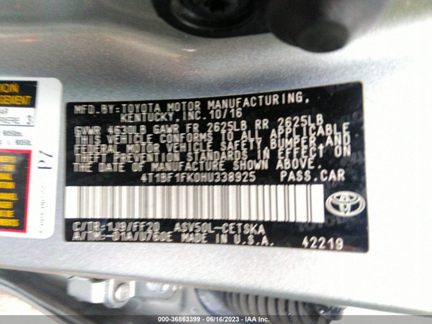 2017 TOYOTA CAMRY XLE/SE/LE/XSE - 4T1BF1FK0HU338925