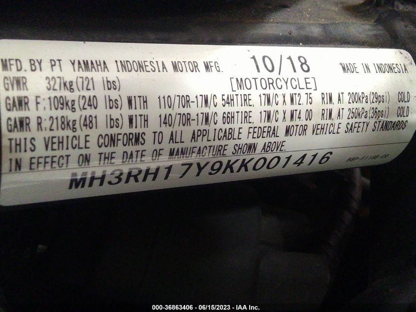 2019 YAMAHA YZFR3 MH3RH17Y9KK001416