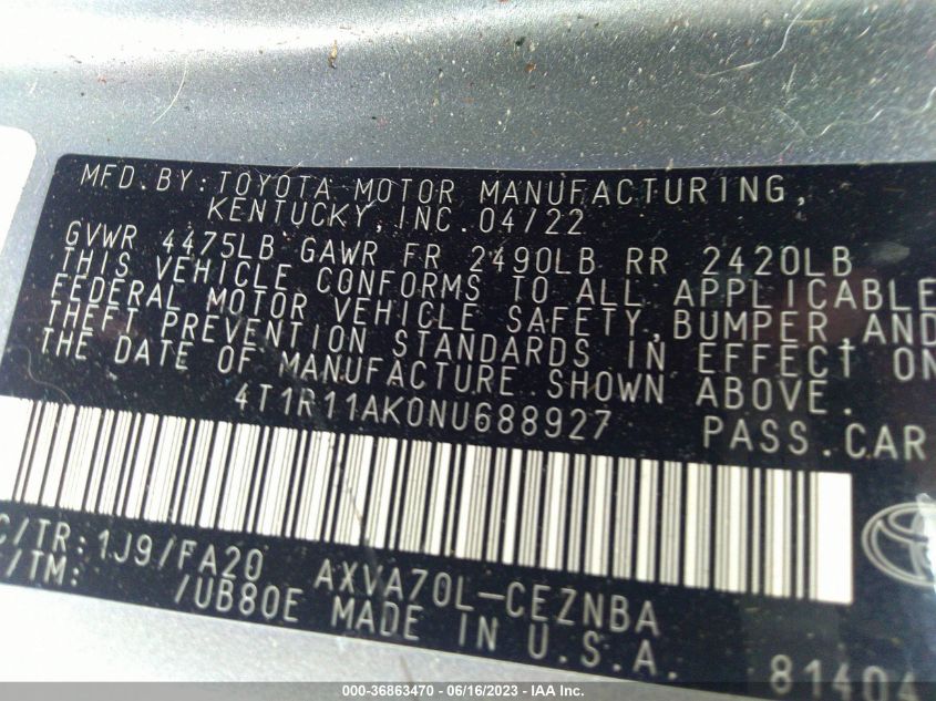 2022 TOYOTA CAMRY LE - 4T1R11AK0NU688927
