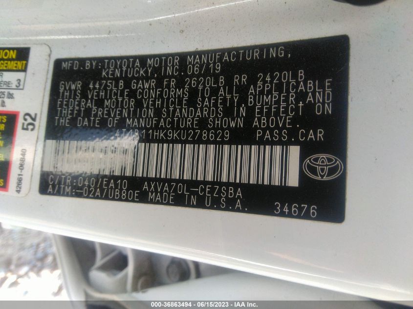 2019 TOYOTA CAMRY L/LE/XLE/SE/XSE - 4T1B11HK9KU278629