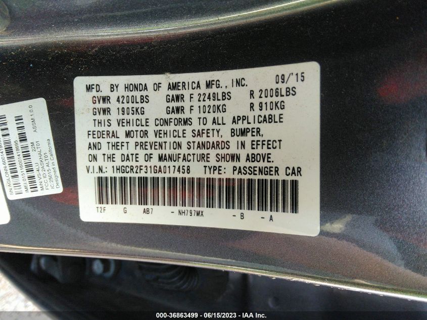 2016 HONDA ACCORD SEDAN LX - 1HGCR2F31GA017458