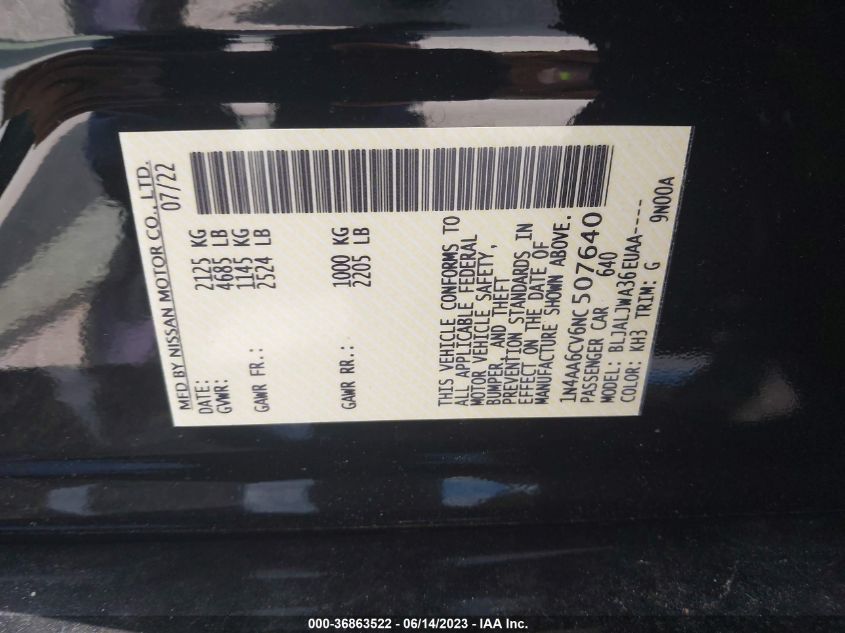 2022 NISSAN MAXIMA SV - 1N4AA6CV6NC507640