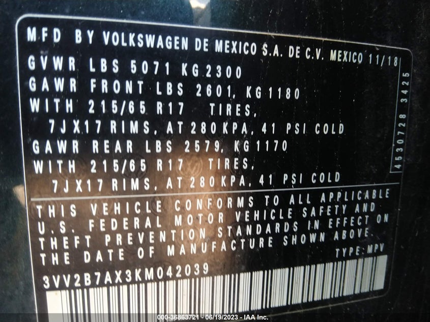 VIN 3VV2B7AX3KM042039 2019 VOLKSWAGEN TIGUAN SE/SEL/SEL R-LINE