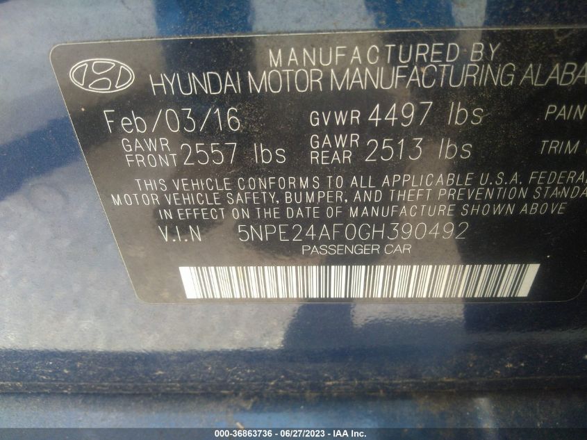 2016 HYUNDAI SONATA 2.4L SE - 5NPE24AF0GH390492