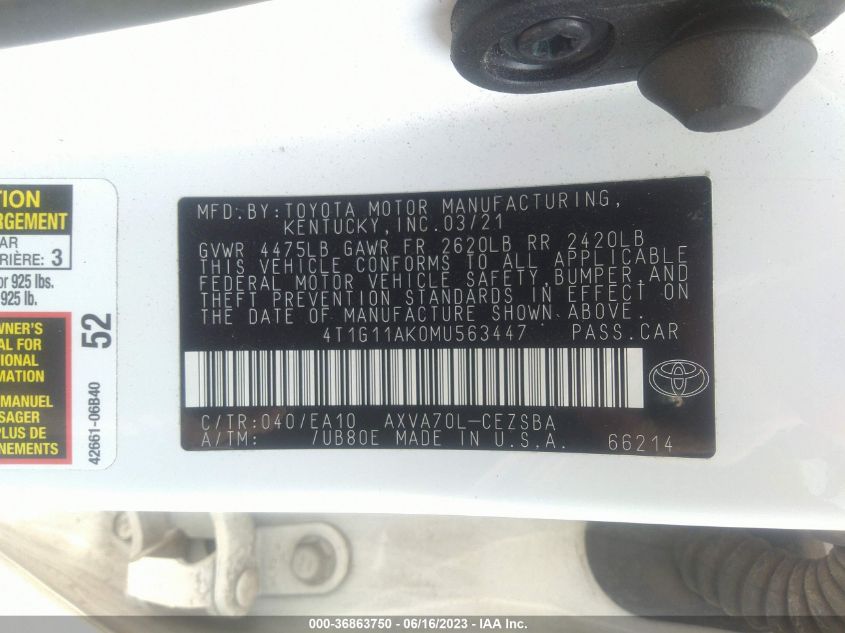 2021 TOYOTA CAMRY SE - 4T1G11AK0MU563447