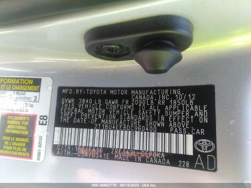2013 TOYOTA COROLLA L/LE/S - 2T1BU4EE8DC960400