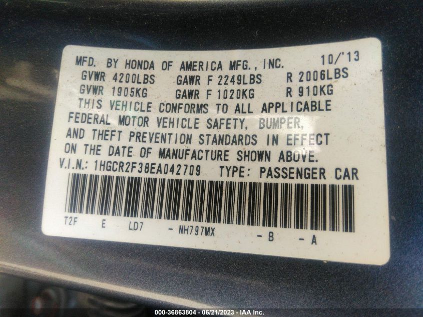 2014 HONDA ACCORD SEDAN LX - 1HGCR2F38EA042709