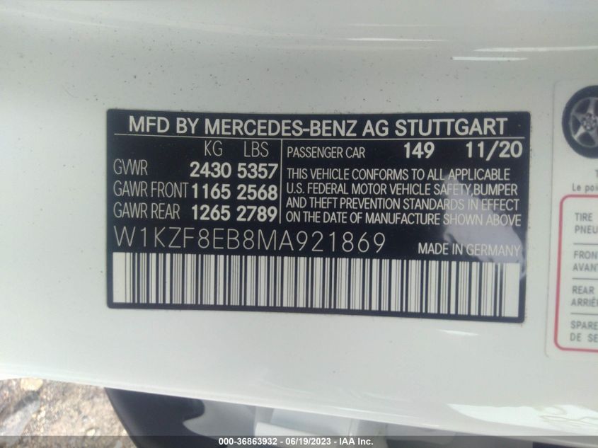 W1KZF8EB8MA921869 2021 MERCEDES-BENZ E-CLASS, photo no. 9