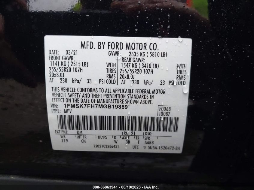 2021 FORD EXPLORER LIMITED - 1FMSK7FH7MGB19889