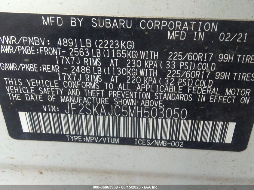 2021 SUBARU FORESTER PREMIUM - JF2SKAJC5MH503050