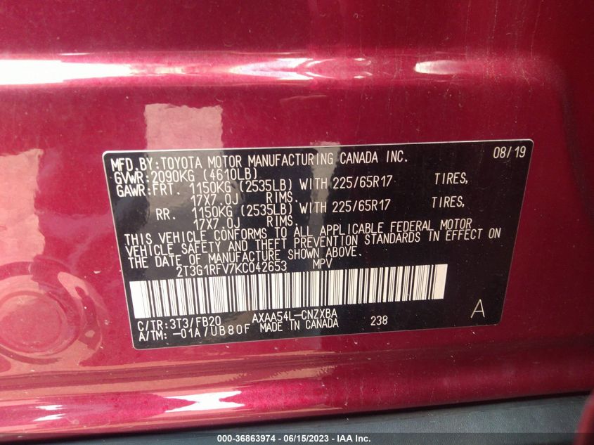2019 TOYOTA RAV4 LE - 2T3G1RFV7KC042653