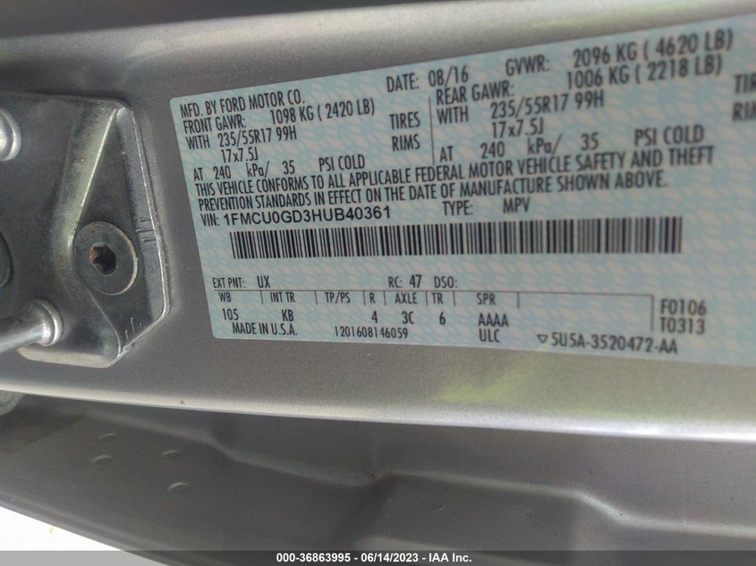 VIN 1FMCU0GD3HUB40361 2017 FORD ESCAPE SE