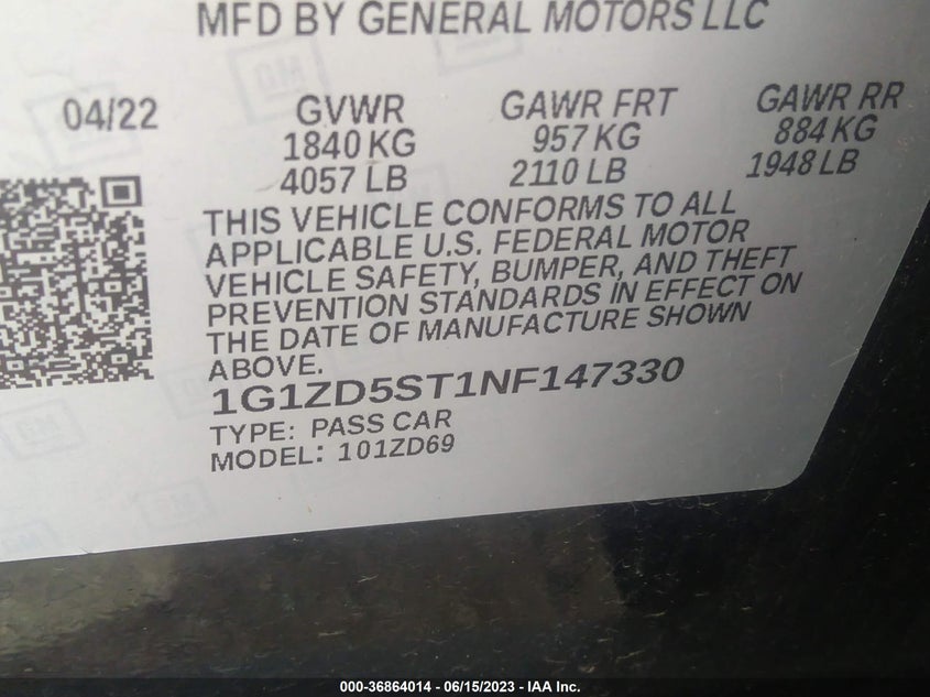 VIN 1G1ZD5ST1NF147330 2022 CHEVROLET MALIBU LT