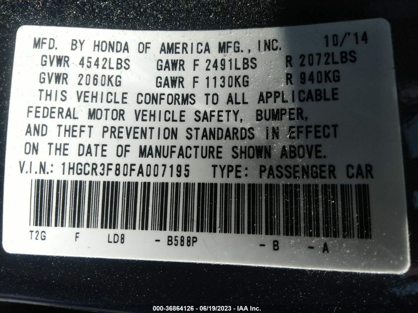 2015 HONDA ACCORD SEDAN EX-L - 1HGCR3F80FA007195