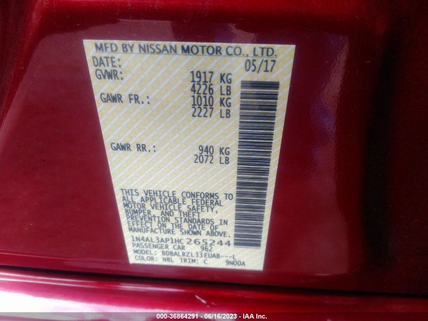2017 NISSAN ALTIMA 2.5 SL - 1N4AL3AP1HC265244