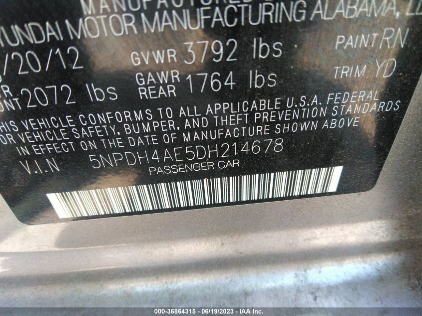 2013 HYUNDAI ELANTRA GLS - 5NPDH4AE5DH214678
