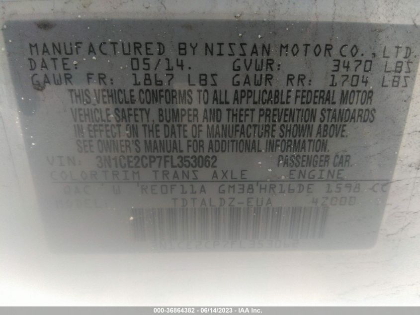 2015 NISSAN VERSA NOTE S/S PLUS/SV/SR/SL - 3N1CE2CP7FL353062