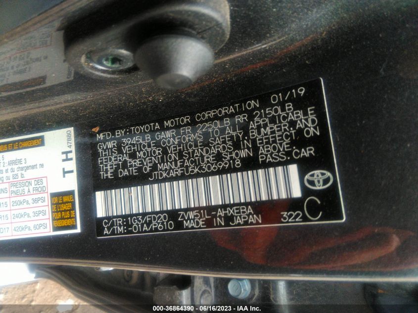 2019 TOYOTA PRIUS L ECO/LE/XLE/LIMITED - JTDKARFU5K3069918