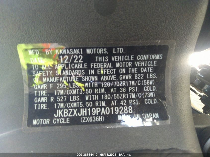 2023 KAWASAKI ZX636 K JKBZXJH19PA019288
