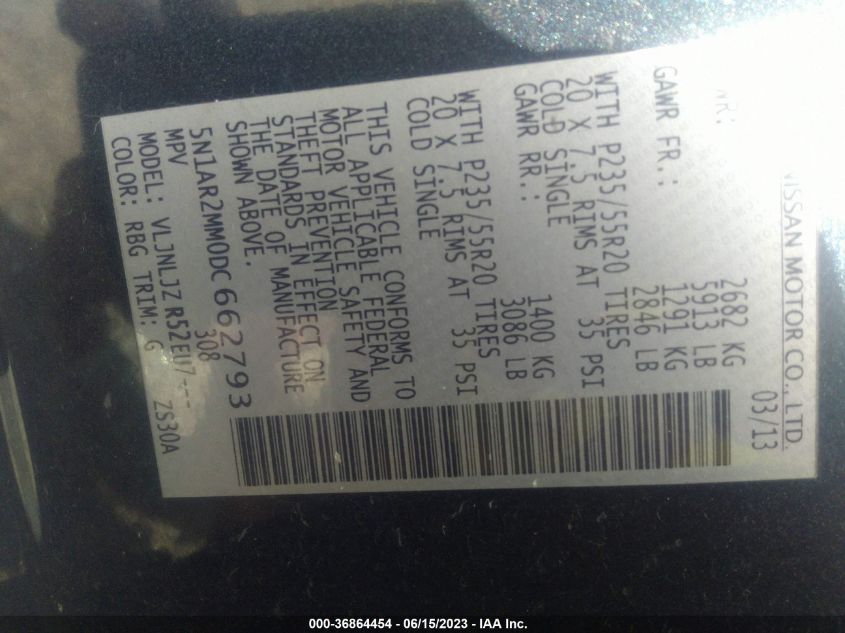 2013 NISSAN PATHFINDER PLATINUM - 5N1AR2MM0DC662793