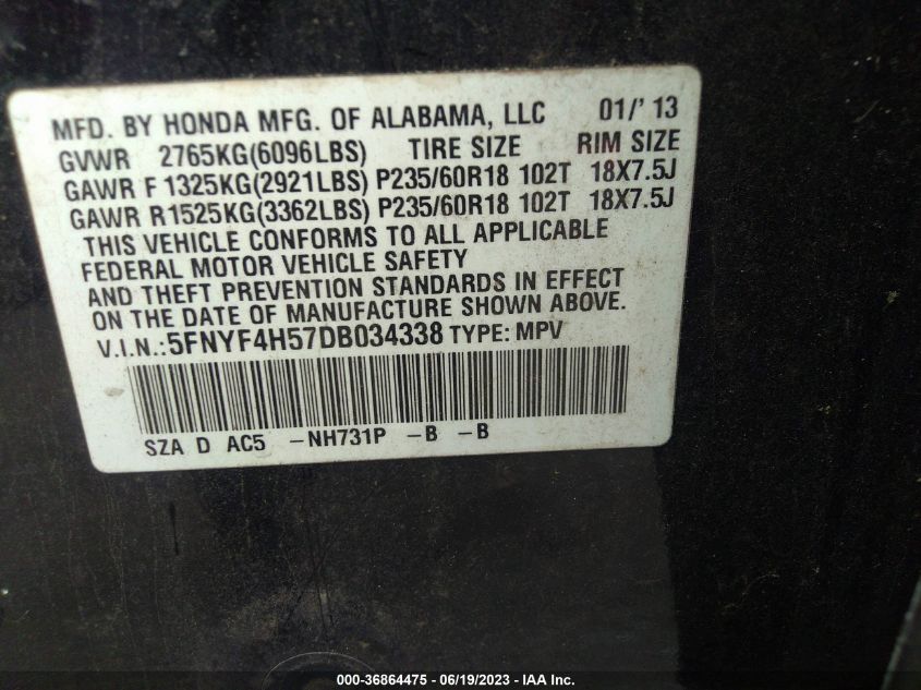 2013 HONDA PILOT EX-L - 5FNYF4H57DB034338